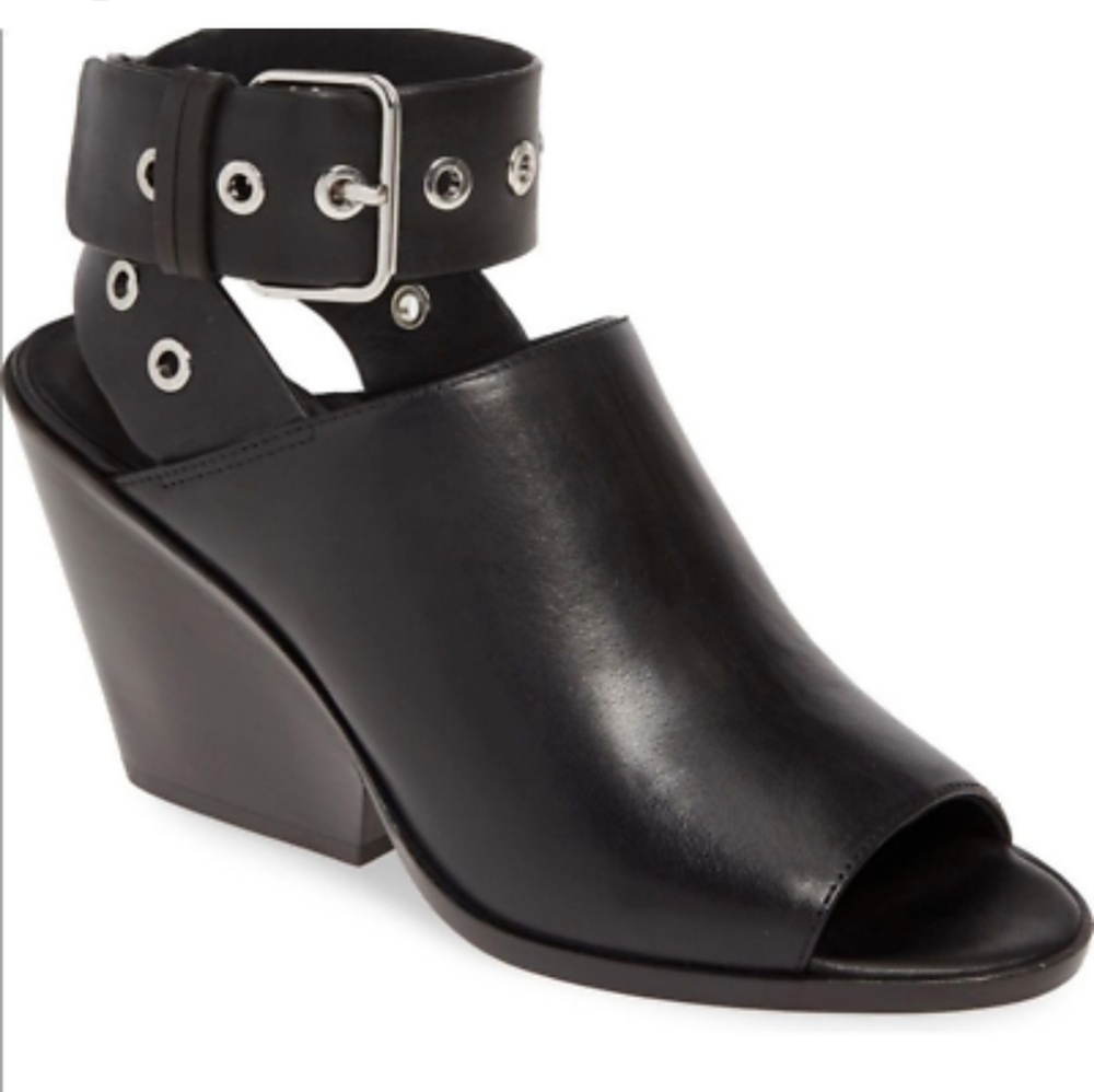 All Saints Pomola Black Leather Gromet Ankle Strap Chunky Heels Peeptoe EUR 40